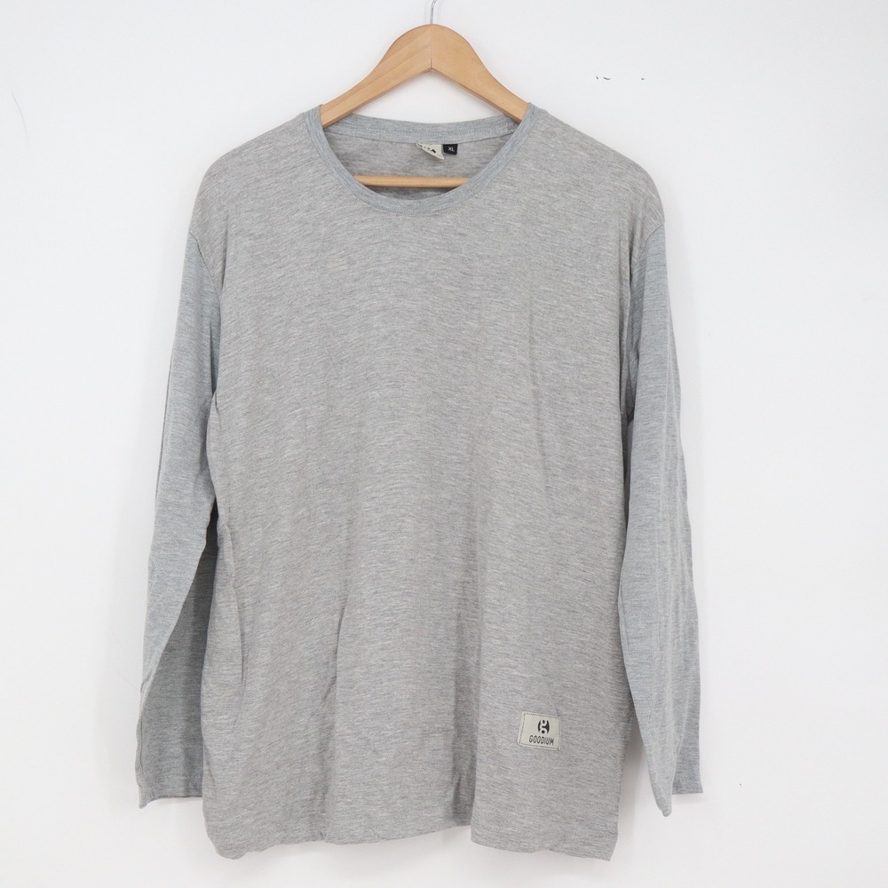 Goodium T-Shirt Mens XL Long Sleeve Grey Logo Patch Excellent